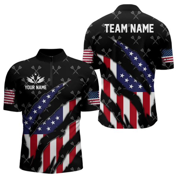 Maxcorners Personalized American Flag Patriotic Dart Shirts For Men – Darts Team Jerseys Polo & 1/4 Zip|Black  LM1805