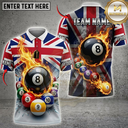 Maxcorners Billiards Union Jack Flag Flaming 8 Ball And Pool Balls Personalized Name 3D Unisex Shirt