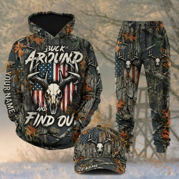 Maxcorners Hunting Buck Around And Find Out Deer Dark Camo Personalized 3D Combo Hoodie, Sweatpants Set & Cap