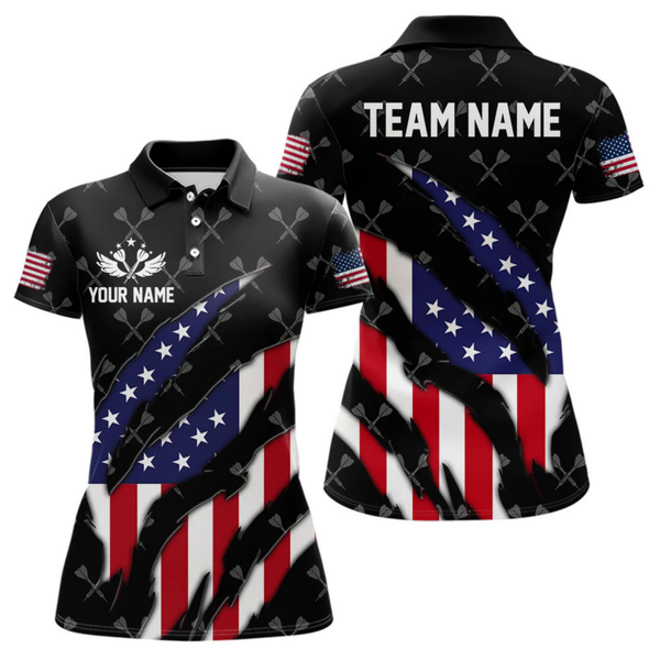 Maxcorners Personalized American Flag Patriotic Dart Shirts For Men – Darts Team Jerseys Polo & 1/4 Zip|Black  LM1805