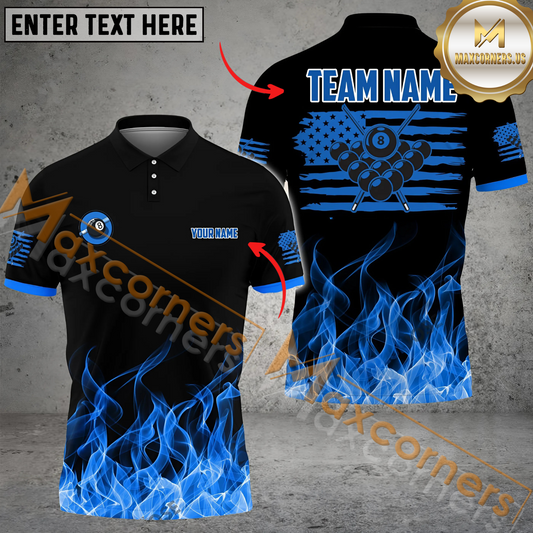 Maxcorners American Flag Pattern Billiard Jersey Multicolor Options Personalized Name, Team Name 3D Polo Shirt (4 Colors)