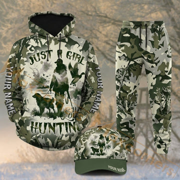 Maxcorners Hunting Just A Girl Who Loves Hunting Deer Woodland Camo Personalized 3D Combo Hoodie, Sweatpants Set & Cap