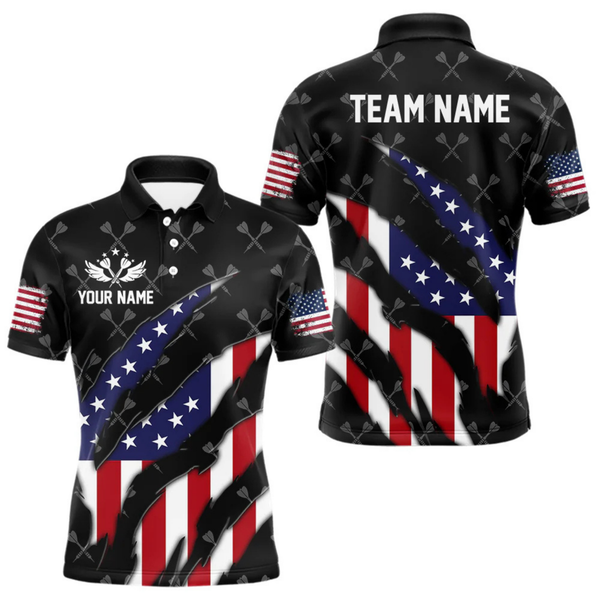 Maxcorners Personalized American Flag Patriotic Dart Shirts For Men – Darts Team Jerseys Polo & 1/4 Zip|Black  LM1805