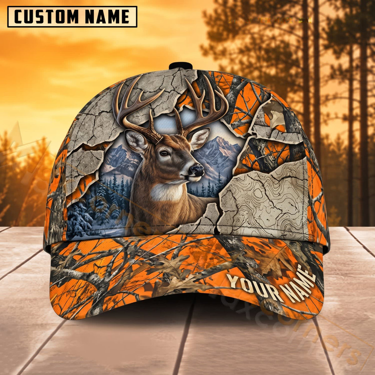 Maxcorners Deer Hunting Orange Crack Camo Buck Personalized Name 3D Cap