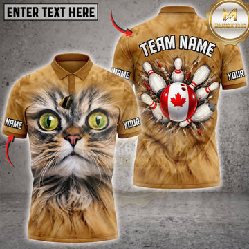 Maxcorners Bowling Cute Grumpy Cat Green Eyes Canadian Maple Leaf Bowling Pins Personalized Name 3D Unisex Shirt