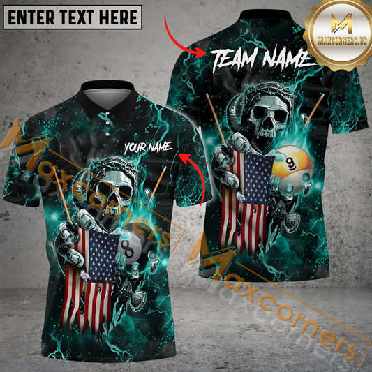 Maxcorners Ball 8 & Ball 9 Fire Skull US Flag  Jersey Multicolor Options Personalized Name, Team Name 3D Polo Shirt (4 Colors)