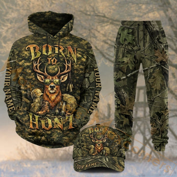 Maxcorners Hunting Born To Hunt Deer Antlers Woodland Camo Personalized 3D Combo Hoodie, Sweatpants Set & Cap