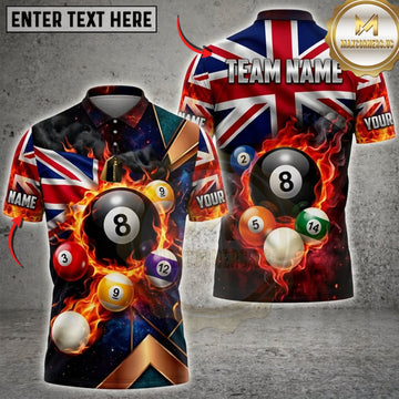 Maxcorners Billiards Union Jack Flag Black 8 Ball And Colorful Pool Balls Personalized Name 3D Unisex Shirt