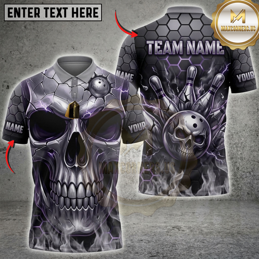 Maxcorners Bowling Purple Chrome Skull Mechanical Gear Dartboard Multicolor Customized Name, Team Name 3D Shirts ( 4 Colors )
