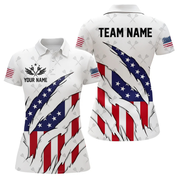 Maxcorners Personalized American Flag Patriotic Dart Shirts For Men – Darts Team Jerseys Polo & 1/4 Zip|White LM1805