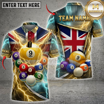 Maxcorners Billiards Union Jack Flag Golden 9 Ball And Lightning Personalized Name 3D Unisex Shirt