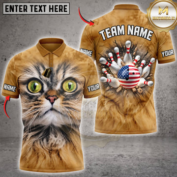 Maxcorners Bowling Cute Grumpy Cat Green Eyes USA Patriotic Bowling Ball Personalized Name 3D Unisex Shirt