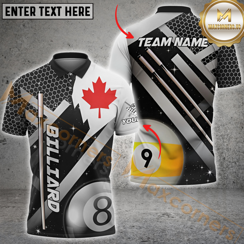 Maxcorners Billiard Ball 8 & Ball 9 Canadian Flag Customized Name, Team Name 3D Polo Shirt