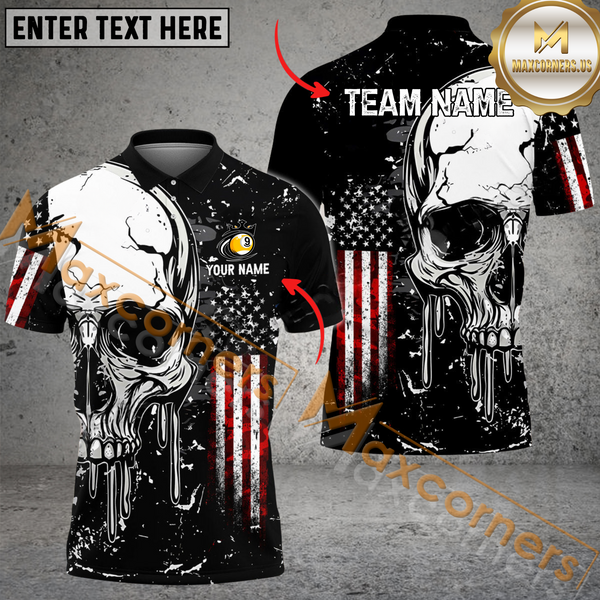 Maxcorners Skull American Flag Billiard Jersey Customized Name, Team Name 3D Polo Shirt