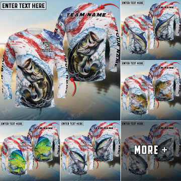 Maxcorners Fishing USA Flag Sun Protection Personalized Name Team Name 3D Shirts (6 Fish Species)