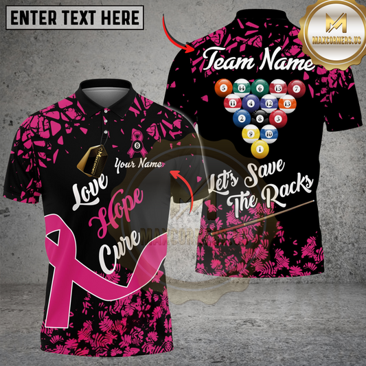 Maxcorners Billiards Ball 8 Love Hope Cure For Awareness Personalized Name, Team Name Unisex Shirt (4 Colors)