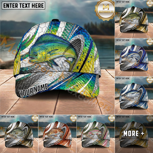 Maxcorners Fishing Fish Scale Silver Stripe Multi Options Personalized Name 3D Cap (11 Fish Species)