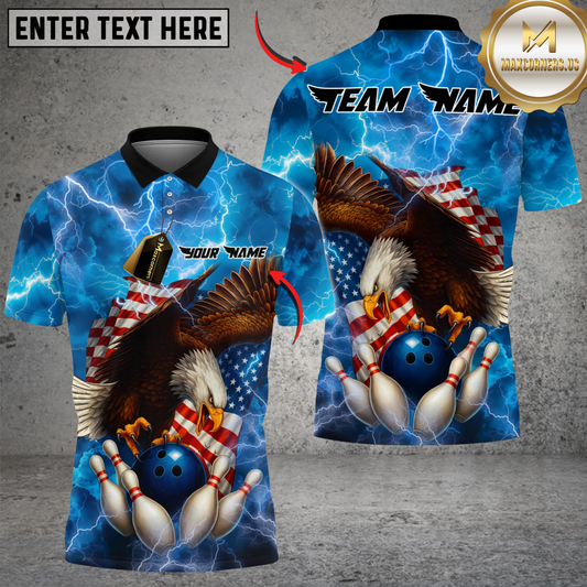 Maxcorners Bowling And Pins Patriot Eagle Flag Thunderstorm Customized Name, Team Name 3D Shirt (4 Colors)65