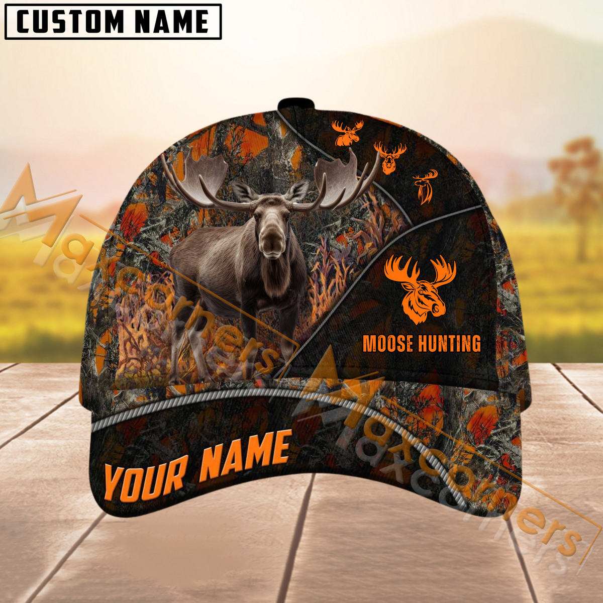 Maxcorners Moose Hunting Camo Pattern Multicolor Personalized Name 3D Cap