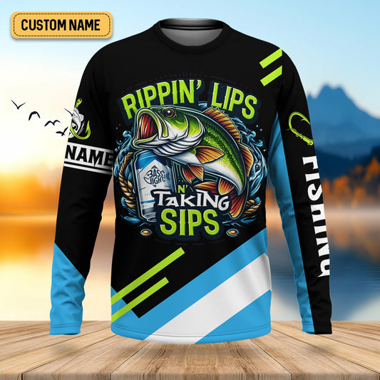 Maxcorners Rippin' Lips Taking Sips SPF Long Sleeve Shirts, Beer Fishing Shirt, Funny Fishing Shirt, Fishing Shirts For Men