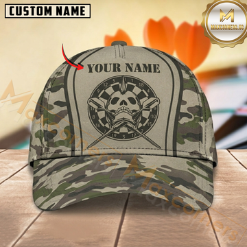 Maxcorners Darts Skull Crossed Darts Dartboard Green Gray Camouflage Personalized Name 3D Cap