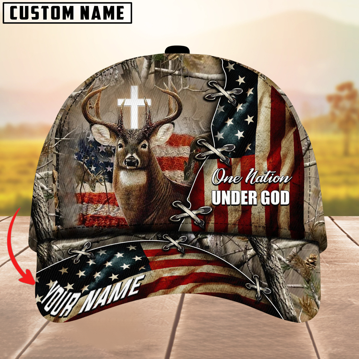 Maxcorners Unique One Nation Under God Deer Hunting Multicolor Personalized Name 3D Cap