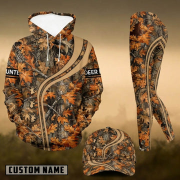 Maxcorners Hunting Whitetail Deer Autumn Leaves Forest Camo 3D Combo Hoodie, Legging Set & Cap