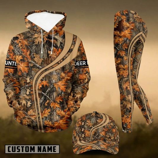 Maxcorners Hunting Whitetail Deer Autumn Leaves Forest Camo 3D Combo Hoodie, Legging Set & Cap