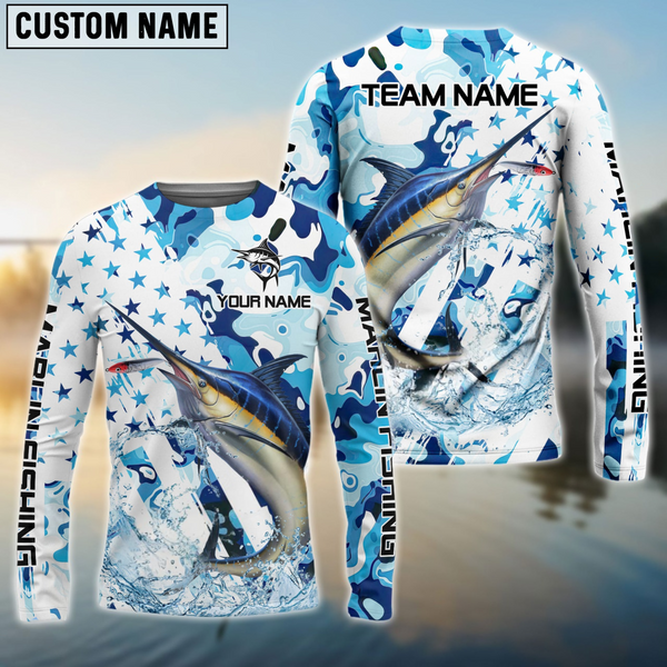 Maxcorners Marlin Fishing Blue White American Flag Personalized Name, Team Name 3D Shirt