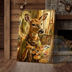 Maxcorners Whimsical Deer Artist Canvas - Anthropomorphic Wildlife Painter Print
