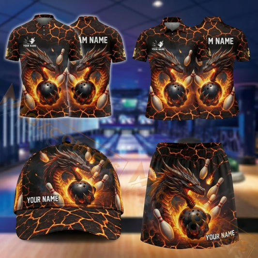 Maxcorners Bowling Fire Skull Flaming Design Personalized Team Sportswear Set - Polo Shirt, Cap & Skorts