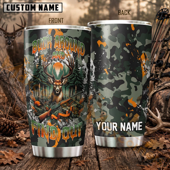 Maxcorners Hunting Deer Skull Green Orange Woodland Personalized Name 3D Tumbler