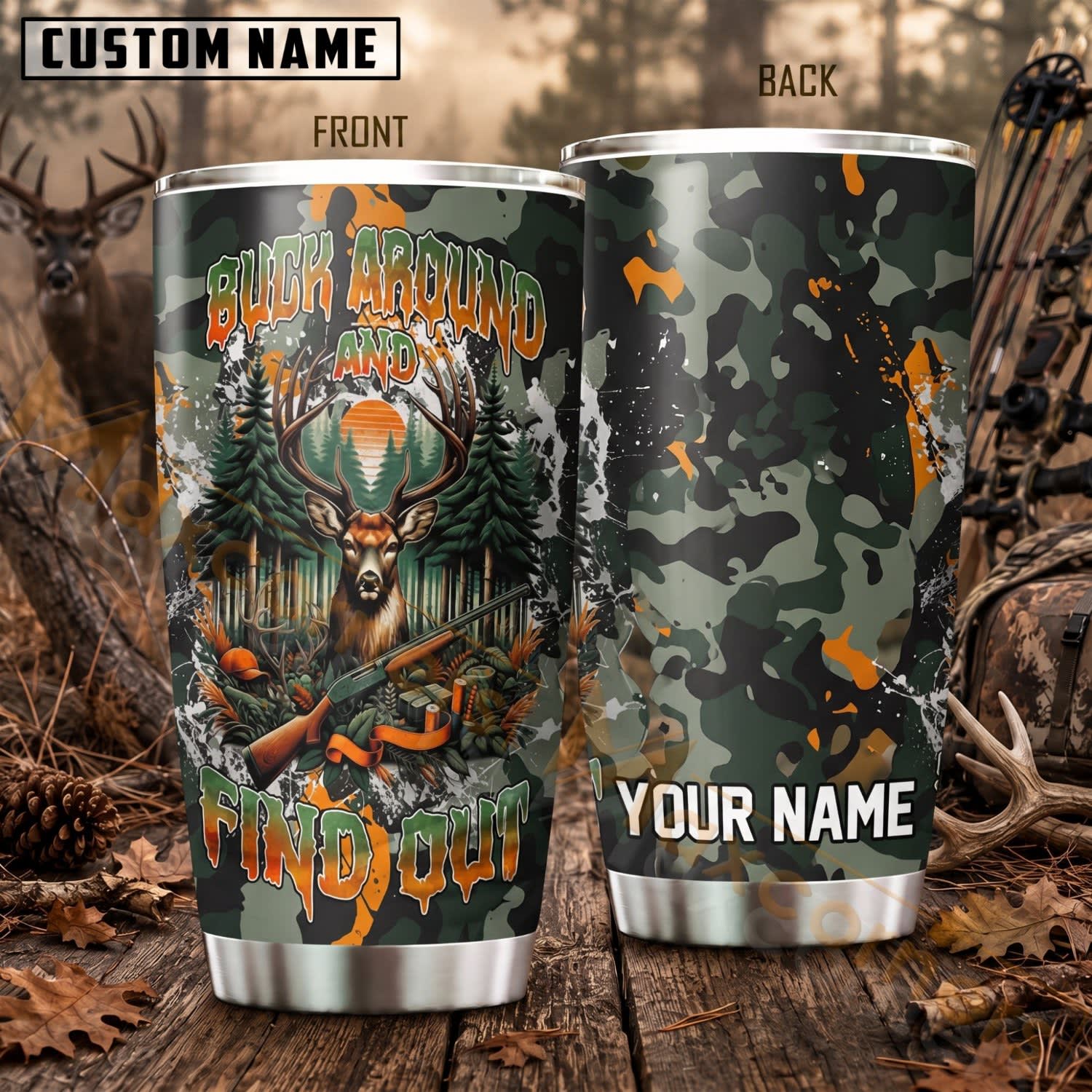 Maxcorners Hunting Deer Skull Green Orange Woodland Personalized Name 3D Tumbler