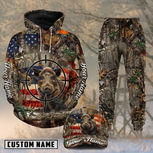Maxcorners Hunting Wild Boar Crosshair American Flag Camo Personalized 3D Combo Hoodie, Sweatpants Set & Cap