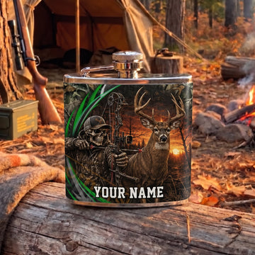 Maxcorners Hunting Deer Skull Forest Camouflage Design Personalized Name 3D Hip Flask