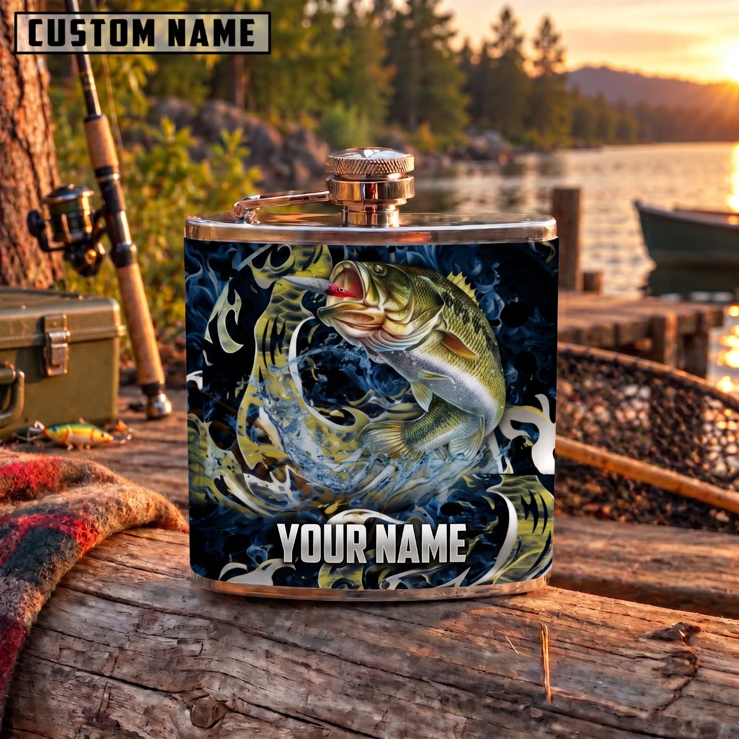 Maxcorners Fishing Largemouth Bass Blue Water Splash Personalized Name 3D Hip Flask
