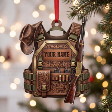 Maxcorners Hunting Brown Leather Vest Cowboy Hat And Rifle Personalized Name 3D Keychain And Ornament