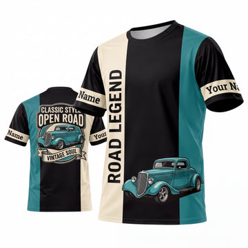 Maxcorners Personalized Car Classic Muscle Car 3D T-Shirt – Cream Teal Road Legend and Classic Pickup Truck