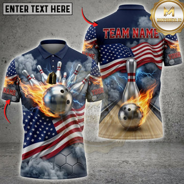 Maxcorners Bowling American Flag Golden Bowling Ball And Explosive Pins Personalized Name 3D Unisex Shirt