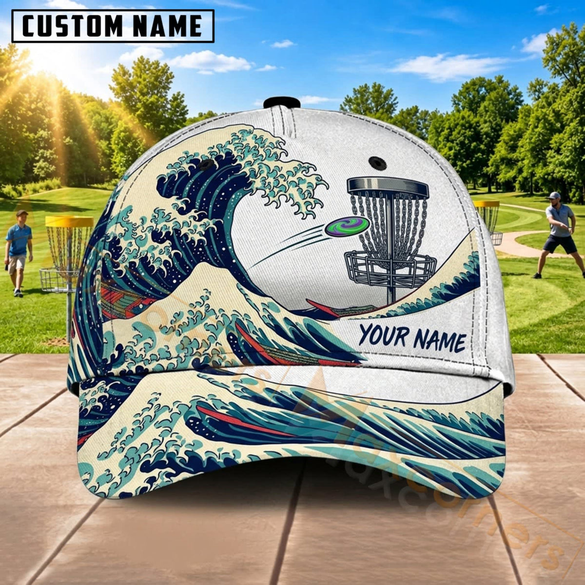 Maxcorners Disc Golf Japanese Wave Chain Basket Personalized Name 3D Cap