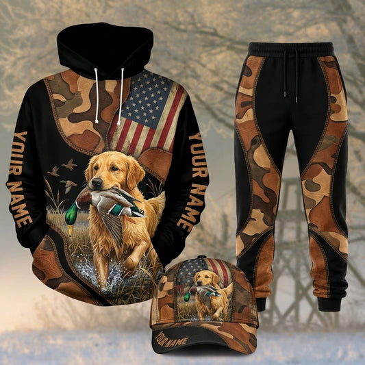 Maxcorners Duck Hunting Golden Retriever American Flag Black Camo Personalized 3D Shirts