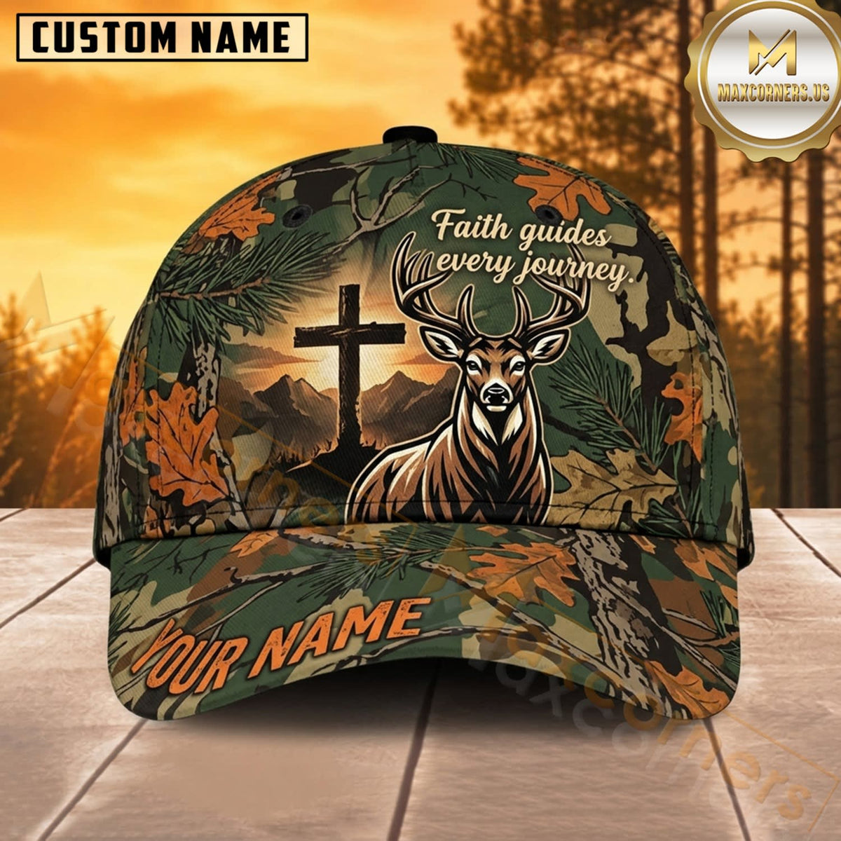 Maxcorners Deer Hunting Whitetail Buck Rustic Cross Faith Quote Autumn Camo Customized Name 3D Cap