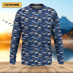 Maxcorners Blue Fish Pattern Performance Fishing Shirts, SPF Shirt For Men, Hooded Fishing Shirt, Fishing Shirts For Men