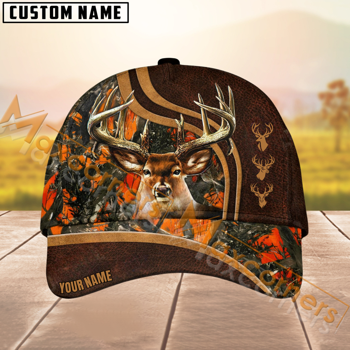 Maxcorners Deer Hunting Leather Pattern Multicolor Personalized Name 3D Cap