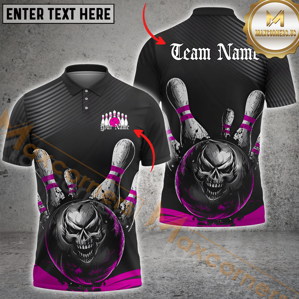 Maxcorners Bowling Dark Skull Strike Multicolor Options Personalized Name, Team Name 3D Shirt