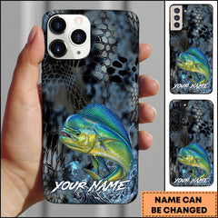 Maxcorners Mahi-mahi Fishing Phone Case  Dark Hexagon Texture Smoke Blue Art Personalized Name Phone Case