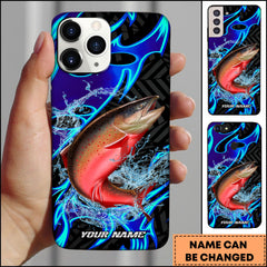 Maxcorners Salmon Fishing Neon Blue Flame Water Splash Art Personalized Name Phone Case