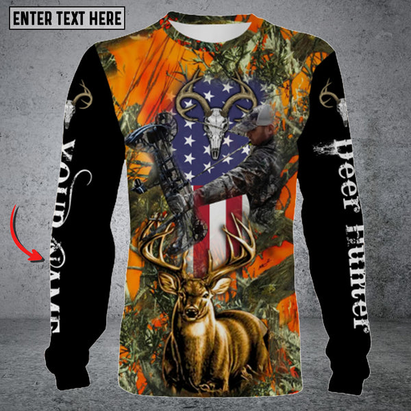 Maxcorners Personalized Name Deer Hunting US Flag Long Sleeve Shirt