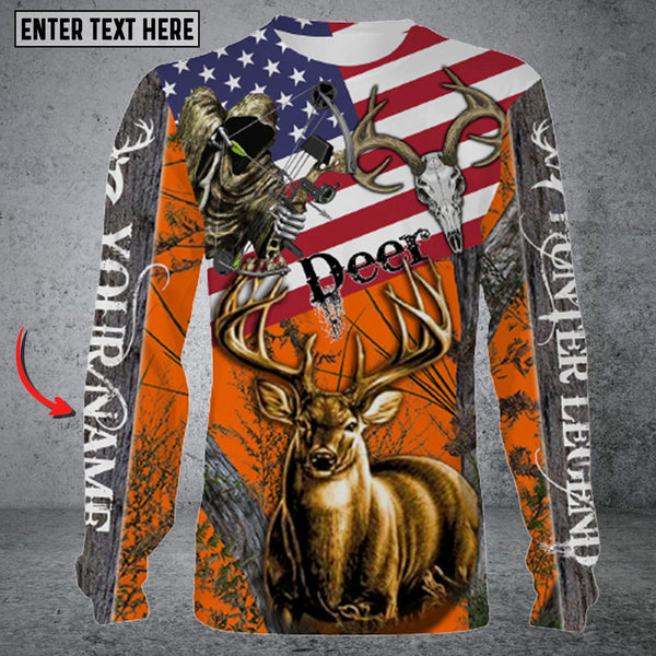 Maxcorners Personalized Name Deer Hunting US Flag Long Sleeve Shirt