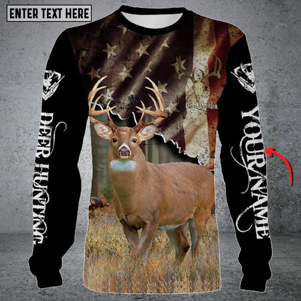 Maxcorners Personalized Name Deer Hunting Camo US Flag Long Sleeve Shirt